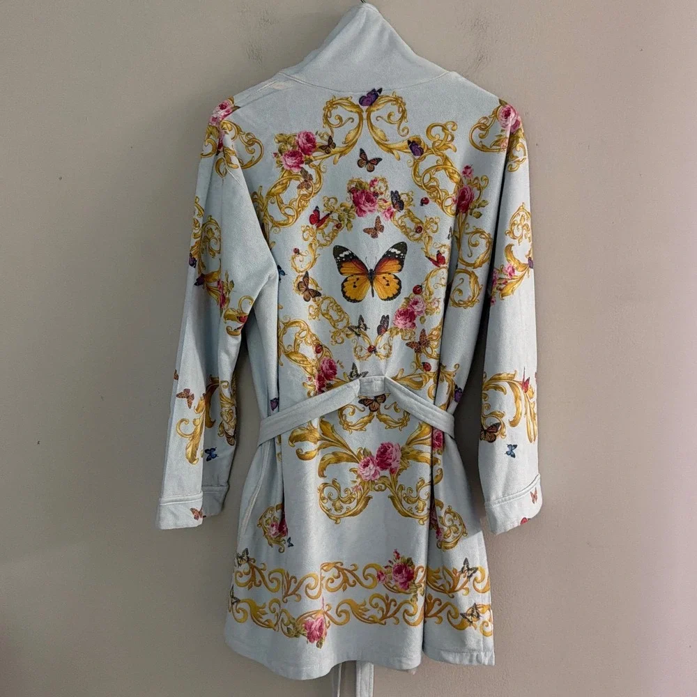 Wrap Up by VP Blue Baroque Women OSFM Butterfly Floral Micro-Terry Short Robe